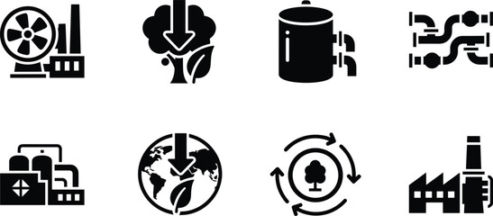 Fototapeta premium Set of black flat icons representing industrial environmental impact, sustainability, manufacturing, and green technology concepts