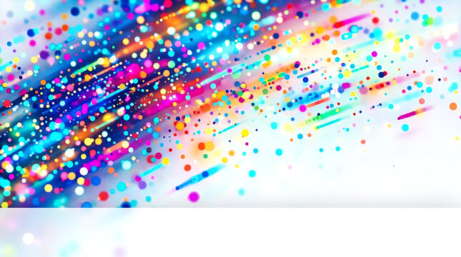 Vibrant colorful confetti and glitter particles flying diagonally on white background isolated on transparent