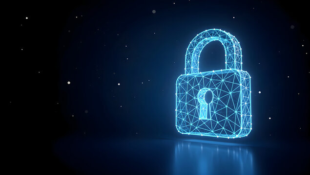 Glowing digital padlock with encrypted network structure, cybersecurity protection and secure data access, advanced privacy technology concept for cyber defense and information security