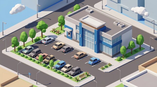 Isometric low poly modern bank building with an ATM and parking lot