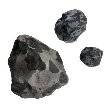 Three irregular grey stone fragments with mottled dark and light patches and rough textures isolated on a clean transparent background