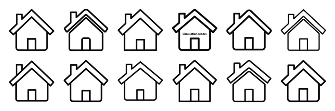 Real estate housing simulation model outline icon set with editable stroke in thin line style.