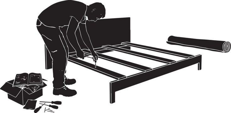 silhouette Man assembling bed frame with tools and parts assembly