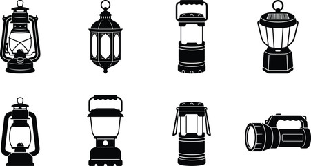 Vector silhouette collection of vintage oil lanterns, modern camping lights, and a flashlight for outdoor adventures © uzzala