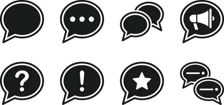Black speech bubble icon set communication support and notification symbols for digital interfaces