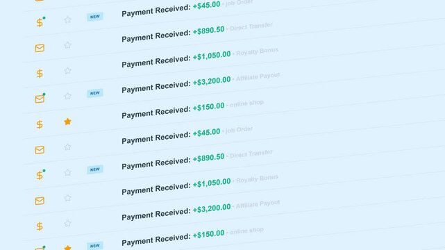 Payment Received Transaction List Scrolling Vertically for Digital Financial Earning Dashboard UI