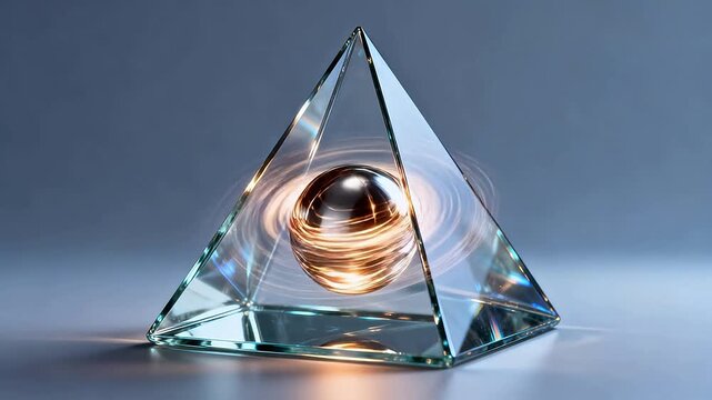 Glass pyramid with metal sphere on gradient background