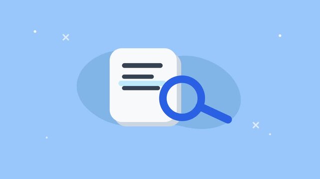 Animated cartoon document icon with blue magnifying glass on light blue background