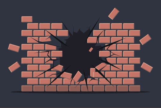 Red brick wall bursting open from a dramatic explosion in the center leaving a dark jagged hole against a dark grey background.