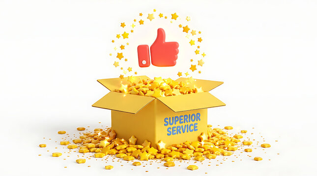 3D render of open cardboard box overflowing with golden stars and a thumbs up icon symbolizing superior service quality thumbsup feedback satisfaction excellent customer positive business