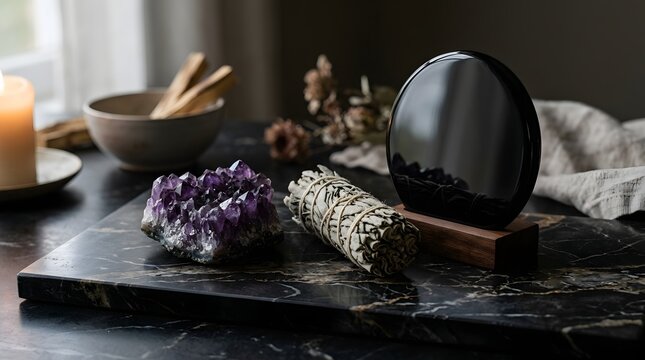 Black Obsidian Scrying Mirror with Amethyst Geode and Sage Bundle on Dark Altar