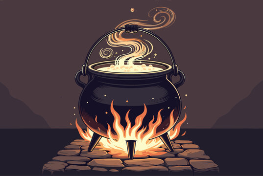 Black witch cauldron boiling with potion over active yellow flames on a stone hearth in pixel art style.
