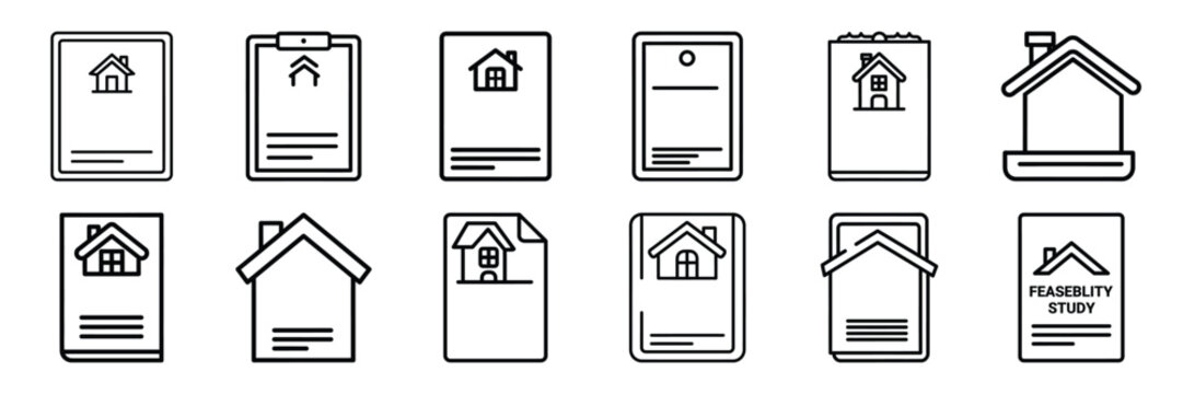 Real estate property feasibility study outline icon set with editable stroke in thin line style.