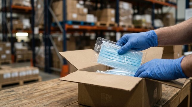 Protective medical face masks being packed in warehouse for healthcare supply and logistics distribution