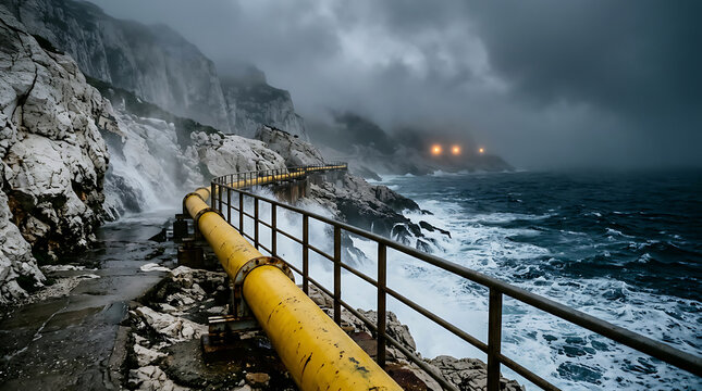 Industrial pipeline along rocky coastal path during a stormy night with heavy rain pipeline industrial infrastructure lighting dramatic environment shipping