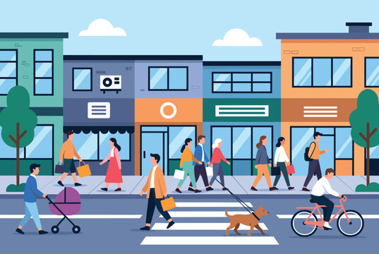 Active pedestrians walk along a colorful shopping street in front of local stores, townhouses, and trees.