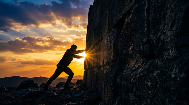 None Silhouette of a man pushing against a large stone wall at sunset with a vibrant sky isolated on transparent background