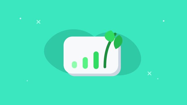 Animated cartoon bar chart icon with growing plant