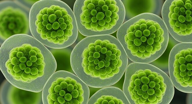 Green spherical microorganisms clustered in a microscopic view