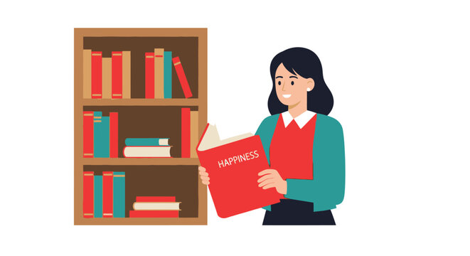 Woman Reading Happiness Book Near Bookshelf Vector Illustration