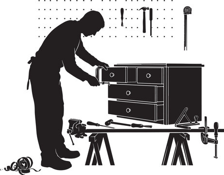 Man in silhouette working on dresser with tools black