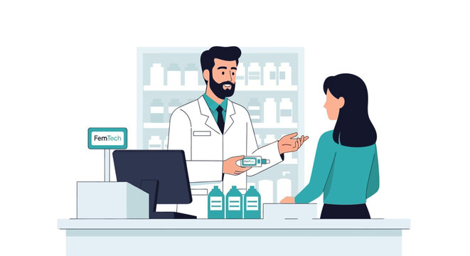 Pharmacist Consulting Female Customer at Modern Pharmacy Counter with FemTech Branding; Healthcare and Medical Vector Illustration