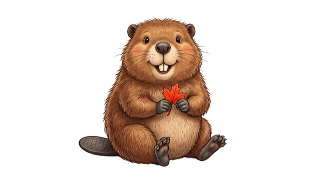 Cute cartoon beaver holding a red maple leaf isolated on transparent background