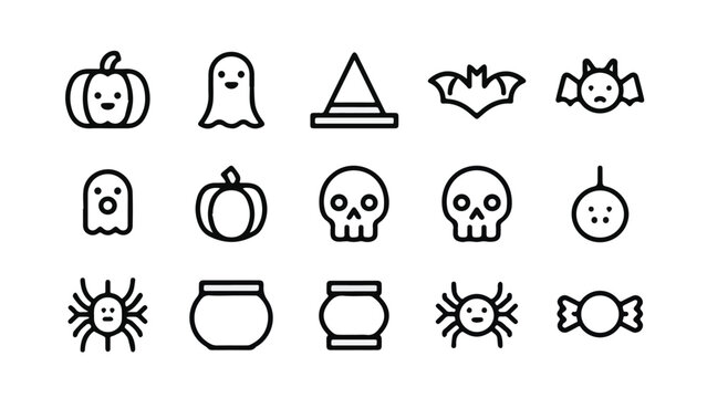 Collection of Halloween-themed Icons Featuring Pumpkins Ghosts and Skulls.