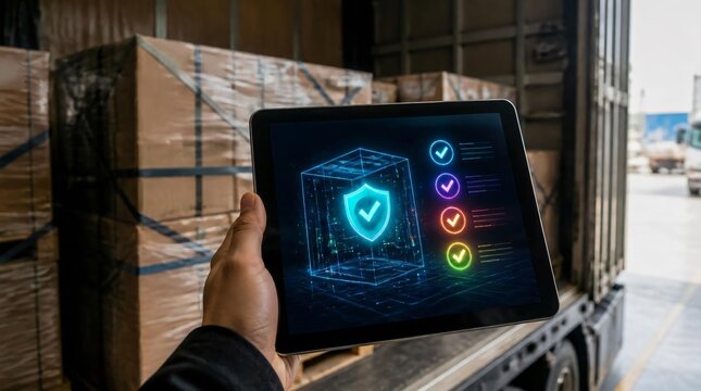 Worker hand holding a tablet with a hologram of the cargo loading workflow along with a checklist.
