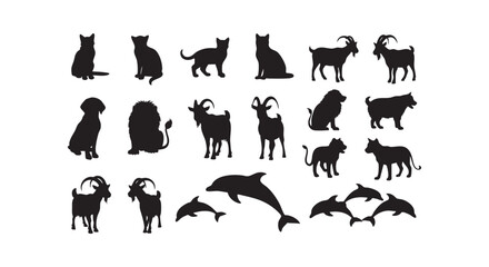 Fototapeta premium Animal silhouette collection featuring cats dogs lions goats dolphins and other domestic and wild creatures.