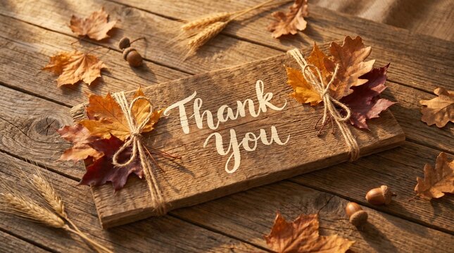Autumn thank you sign with leaves and wheat on rustic wooden background