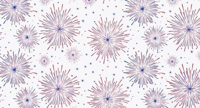 Red and blue firework burst seamless pattern background.