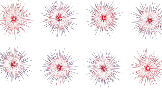 Red and blue firework burst pattern on white background.
