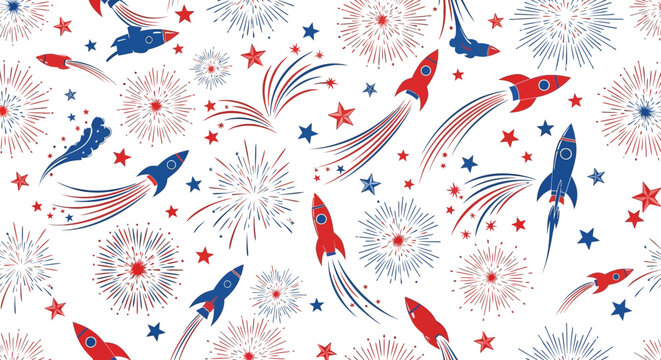Patriotic fireworks and rockets seamless pattern design.