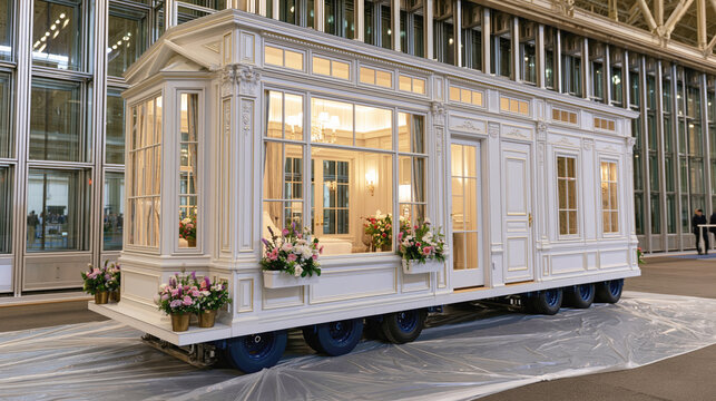 Elegant white mobile home display with large windows, floral decorations, illuminated interior and ornate architectural details inside exhibition hall.
