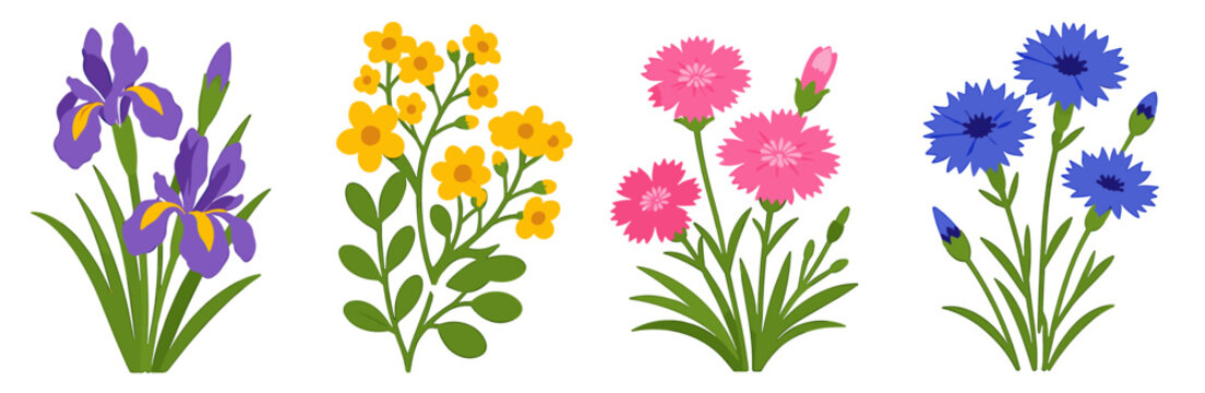 Row of 4 colorful garden flower bouquets including iris, yellow blooms, pink carnation, blue cornflower and daisy arranged horizontally for banner or border design use.