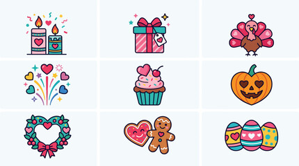 Fototapeta premium Collection of festive holiday icons with heart shapes and decorative elements.