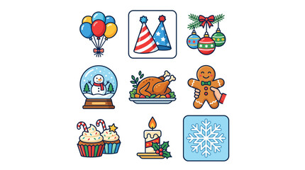 Naklejka premium Set of colorful hand drawn Christmas and holiday celebration icons.