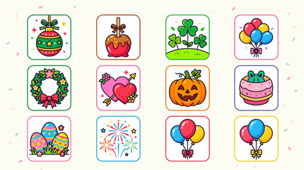 Fototapeta premium Set of colorful hand drawn holiday and celebration icon illustrations.