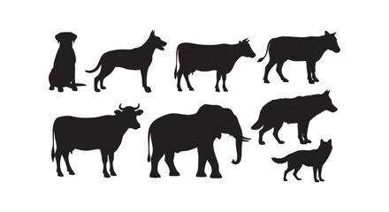 Fototapeta premium Large animal silhouettes including elephant cows dogs and wolf profiles for livestock and wildlife biological research.