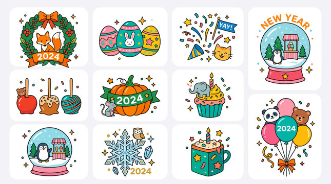 Set of 11 colorful hand drawn doodle icons for 2024 new year celebration.