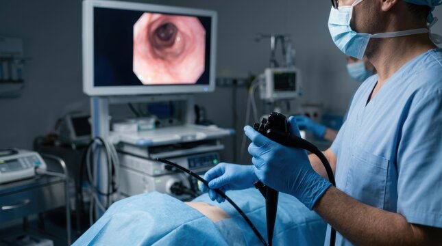 Doctor performing endoscopy procedure with monitor displaying internal view of the body