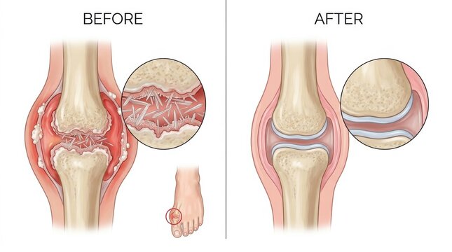 Comparison of healthy and inflamed joints showing gout crystal deposits and relief