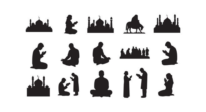 Muslim people praying and mosque silhouettes depicting various acts of worship and religious architecture.