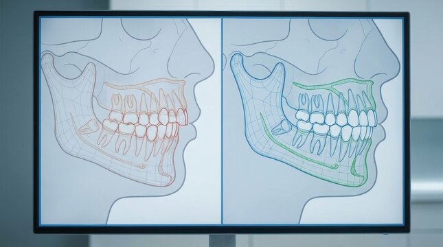 Digital dental scan comparing jaw alignment and tooth structure side-by-side