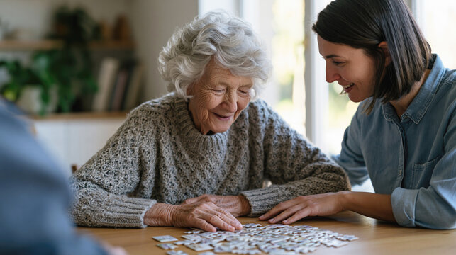Elderly woman practices memory training with a caregiver at a bright home table, using puzzle cards for cognitive health and dementia prevention.