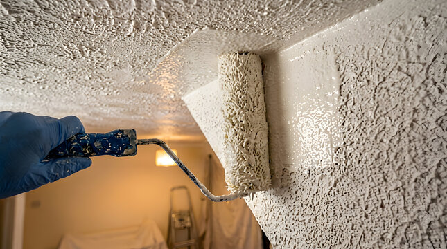 Painting textured artex ceiling with roller | Professional home renovation and decorating | Applying white paint to textured surface