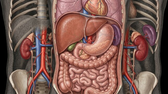 Detailed anatomical illustration of the human digestive and urinary systems