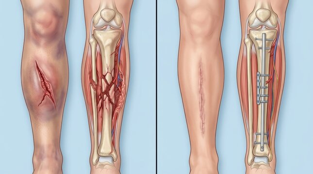 Leg injury comparison: before and after surgical repair of tibia fracture