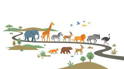 African savanna landscape with diverse wild animals. © satrio94